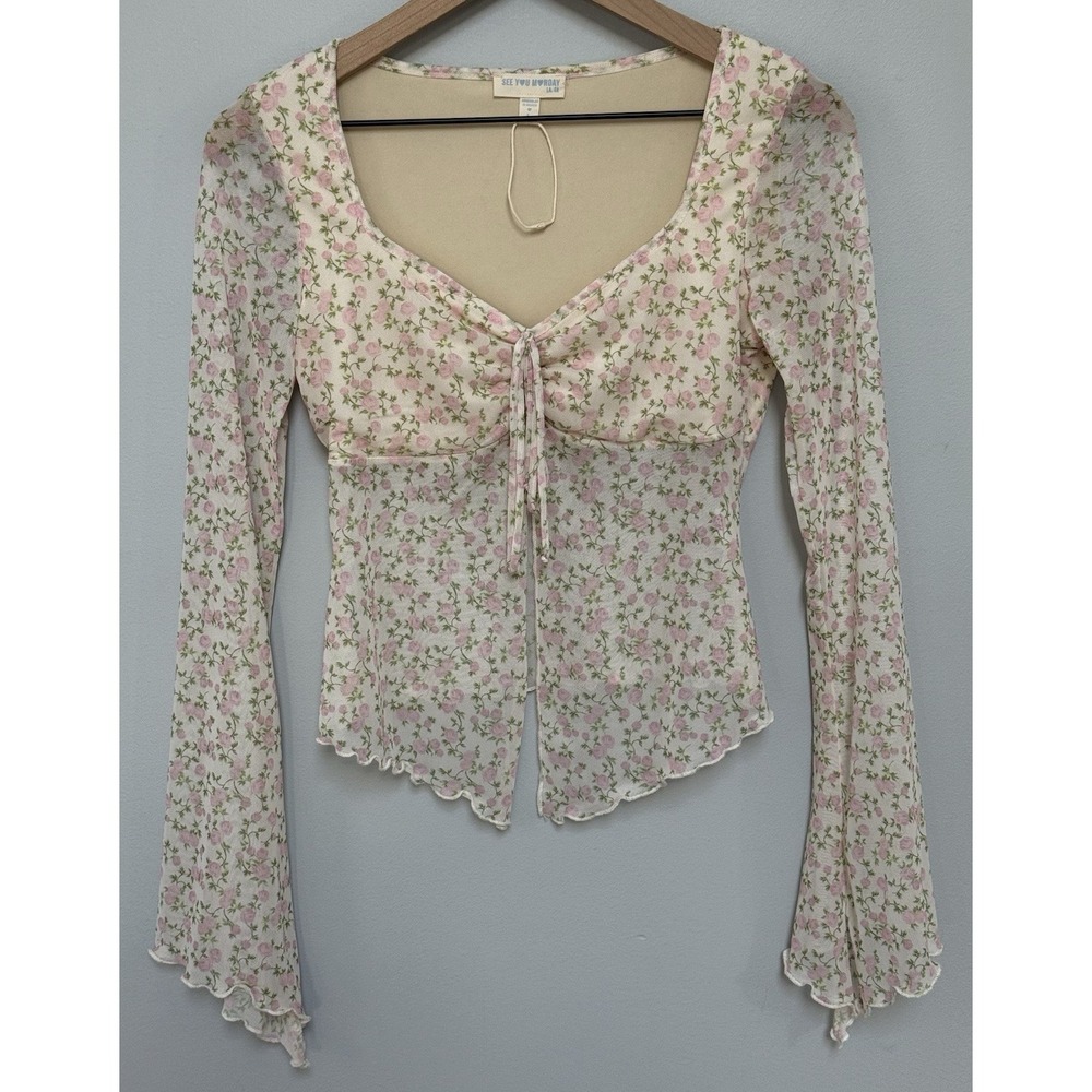 See You Monday Women's Long Sleeve Floral Tie Front Top Sz L Romantic Fairy Y2K